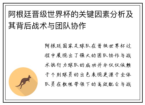 阿根廷晋级世界杯的关键因素分析及其背后战术与团队协作 阿根廷晋级世界杯的关键因素分析及其背后战术与团队协作