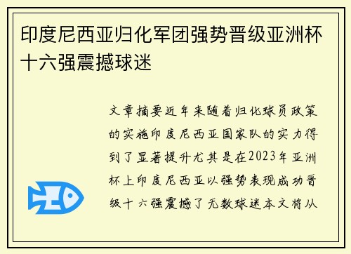印度尼西亚归化军团强势晋级亚洲杯十六强震撼球迷 印度尼西亚归化军团强势晋级亚洲杯十六强震撼球迷