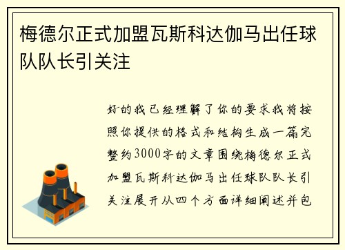梅德尔正式加盟瓦斯科达伽马出任球队队长引关注